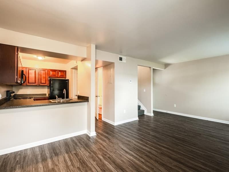 A two-bedroom apartment with a dog, looking through to the kitchen
